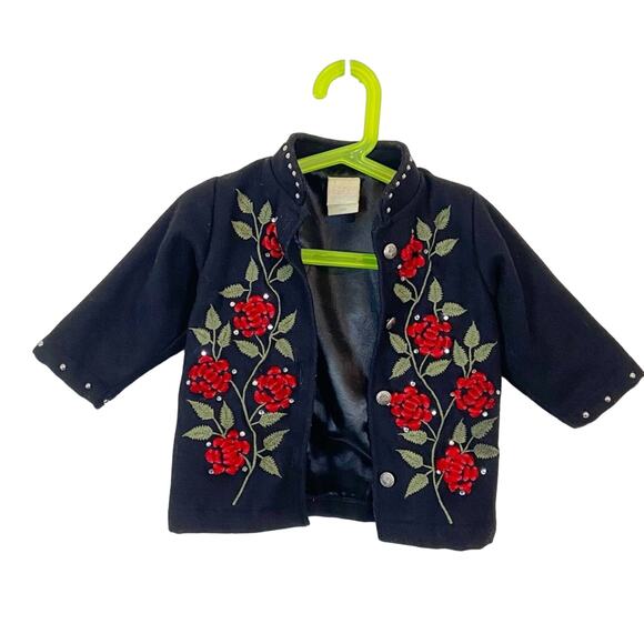 Wool Blend Coat Go Baby Girl's Vintage Rose Floral Red Black Embroidered 24MO